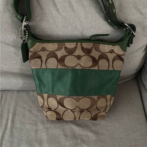 Vintage Coach Brown Signature Canvas rugby Shoulder Bag with Green Center Stripe